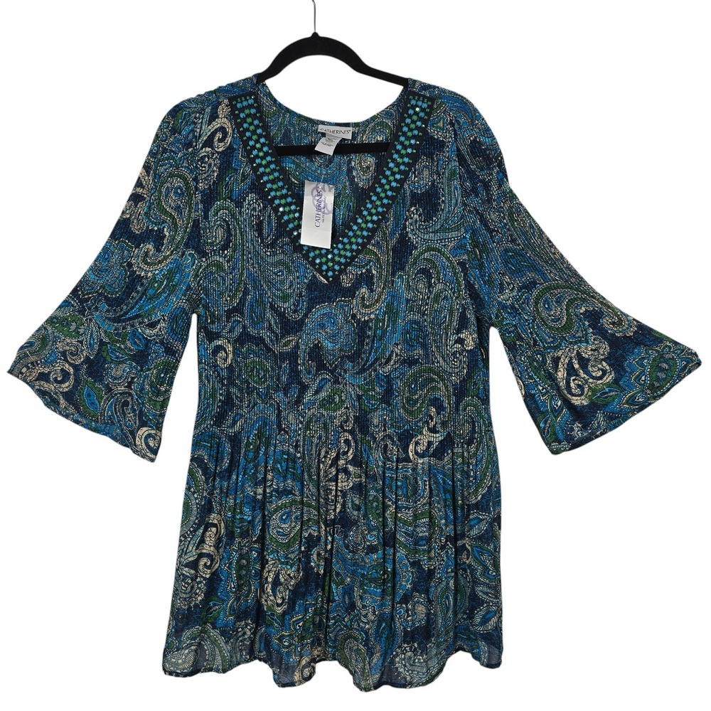 Catherines Womens 0X 14/16W‎ Paisley Plisse Beaded V-Neck Bell Sleeve Tunic Top